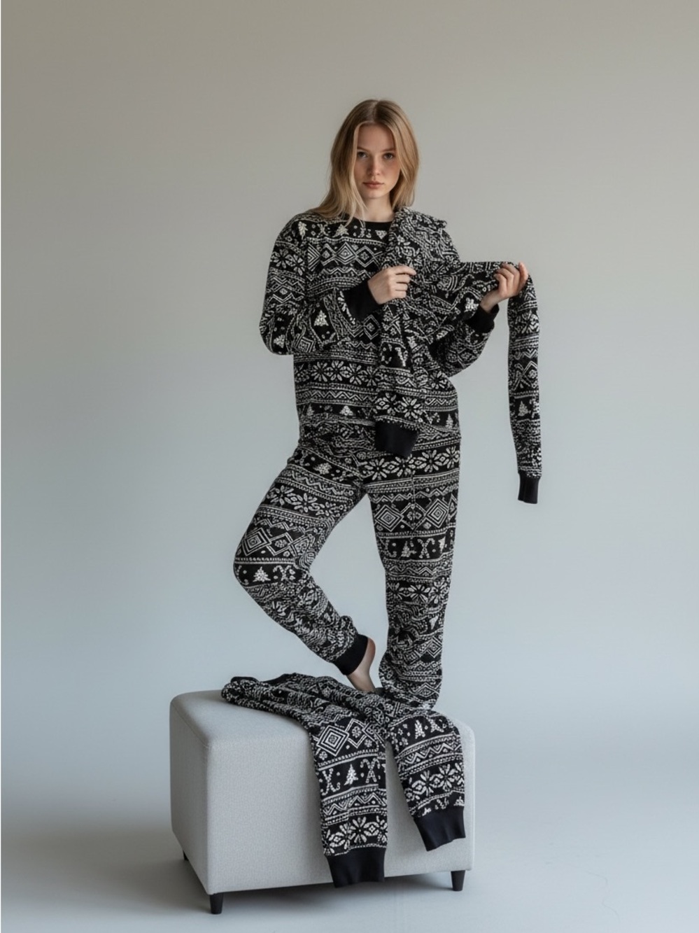 3 sets Cozy Black & White Fair Isle Family Pajama Christmas